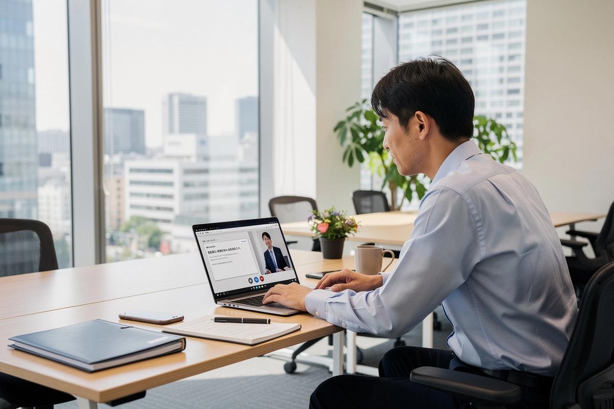 Professional employee studying video lessons on a laptop in a modern office